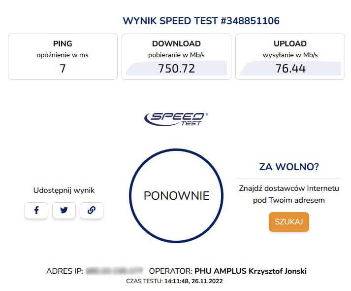 wynik światłowodu speedtest